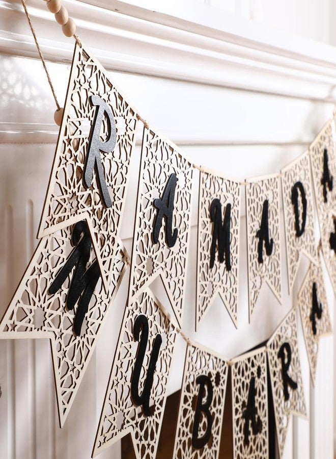 SmoothNovelty 2 Pcs Eid Ramadan Mubarak Banner Wooden Ramadan Mubarak Decoration Rustic Bead Ramadan Decorations Banner Muslim Party Decor Supplies for Home Fireplace Indoor Outdoor(Black Letter) - Image 2